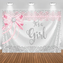 Aperturee - Silver Glitter And Pink Its A Girl Baby Shower Backdrop