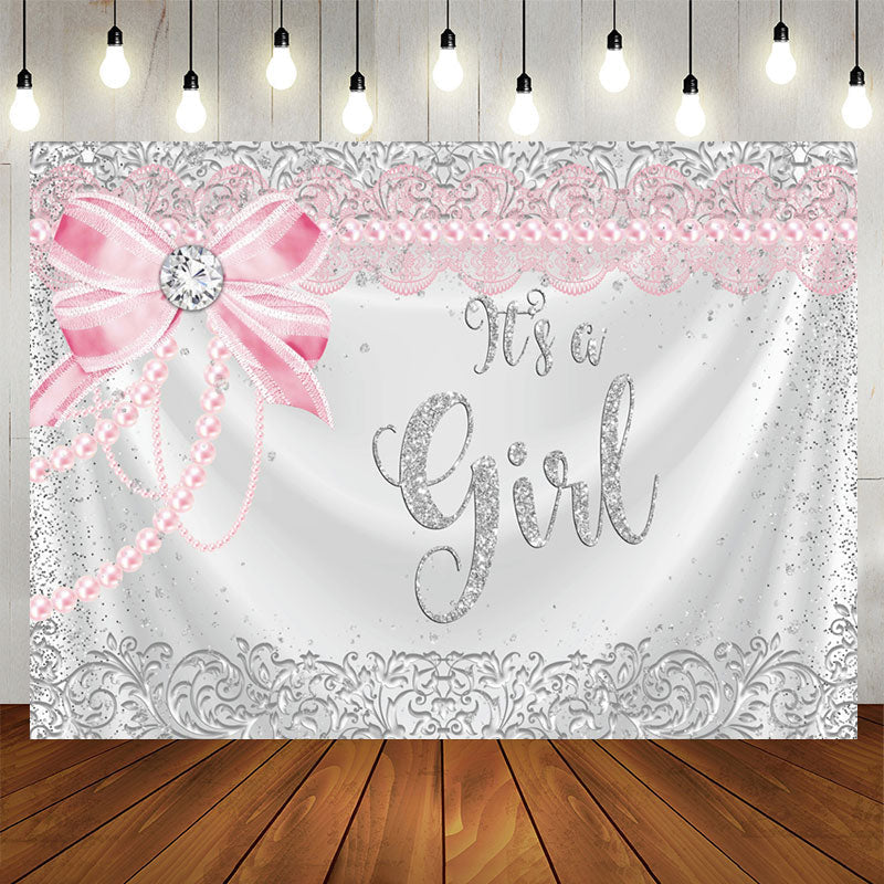 Aperturee - Silver Glitter And Pink Its A Girl Baby Shower Backdrop