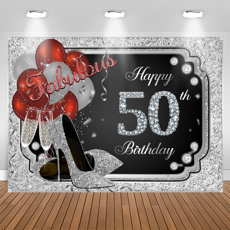 Aperturee - Silver Glitter Happy 50th Birthday Heels Bolloon Party Backdrop