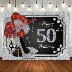 Aperturee - Silver Glitter Happy 50th Birthday Heels Bolloon Party Backdrop