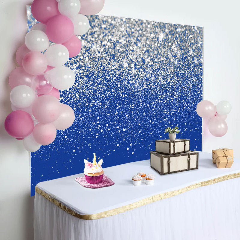 Aperturee - Silver Glitter Sequin Blue Happy Birthday Backdrop