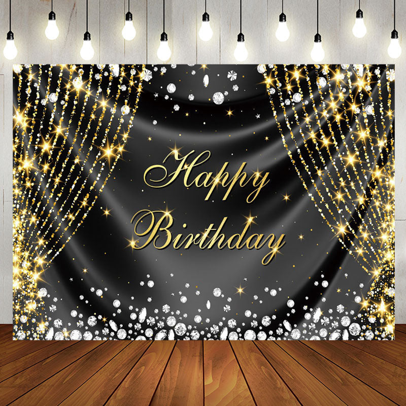 Aperturee - Silver Gold Diamonds Curtain Happy Birthday Backdrop