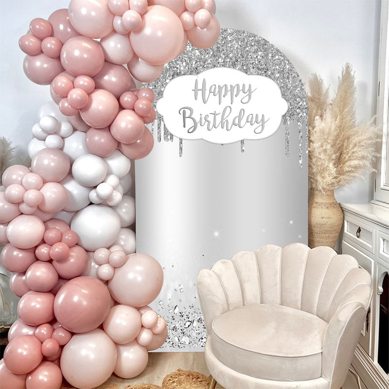 Aperturee - Silver Happy Birthday Double Sided Arch Backdrop