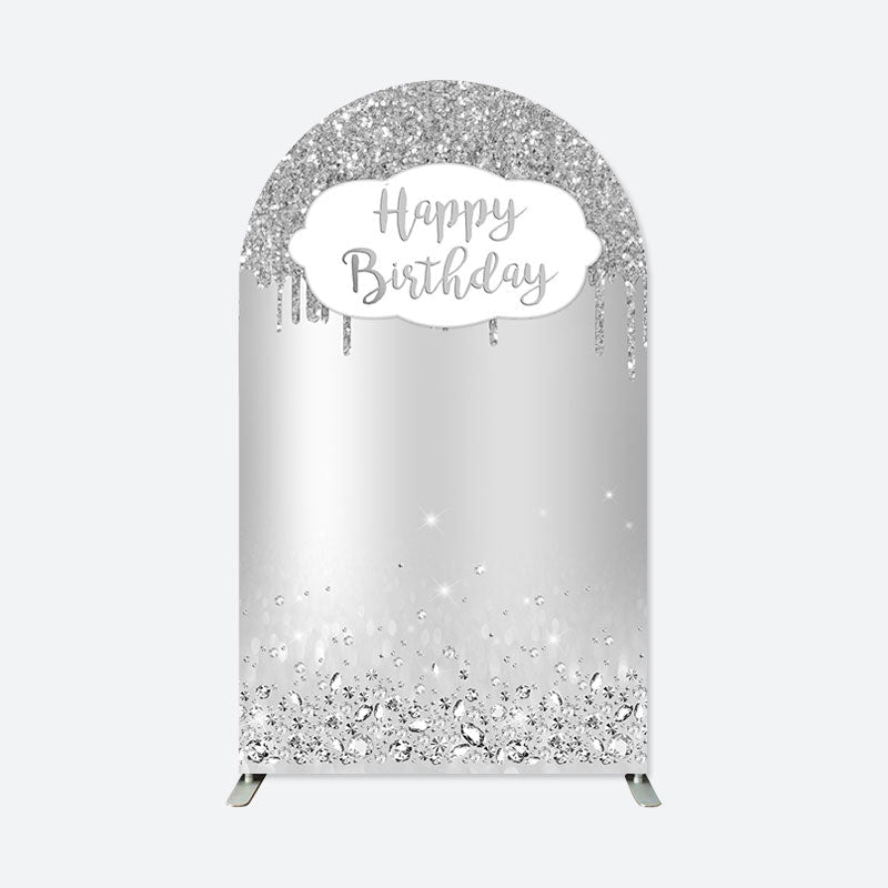 Aperturee - Silver Happy Birthday Double Sided Arch Backdrop