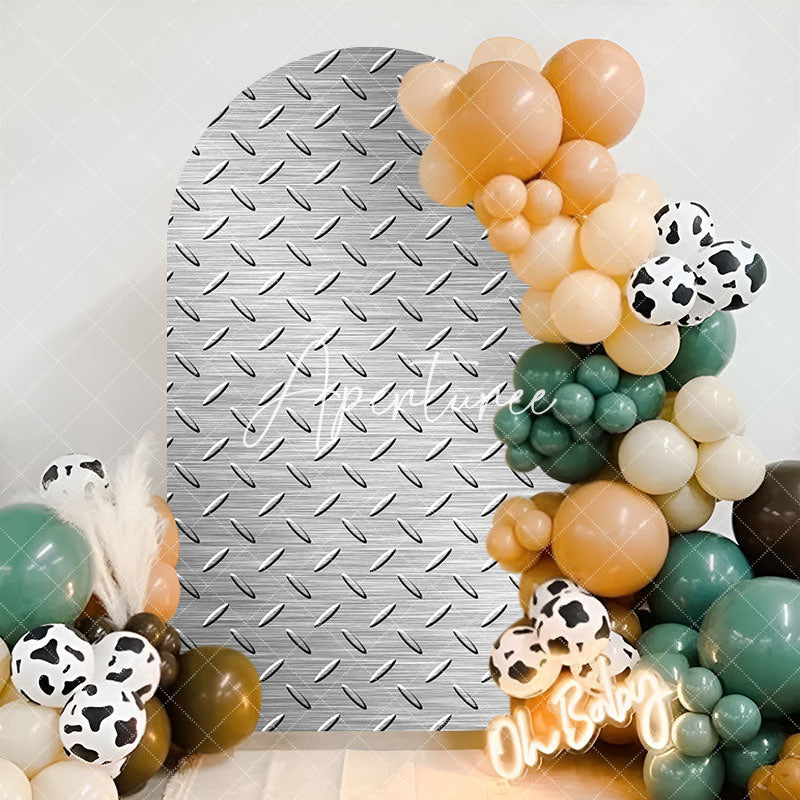 Aperturee - Silver Metal Texture Happy Birthday Arch Backdrop