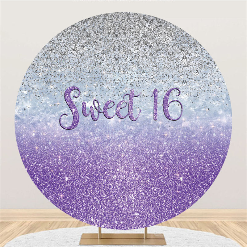 Aperturee Silver Purple Glitter Sweet 16th Round Birthday Backdrop