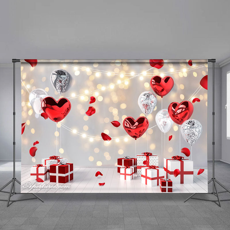 Aperturee - Silver Red Balloons Glitter Valentines Day Backdrop