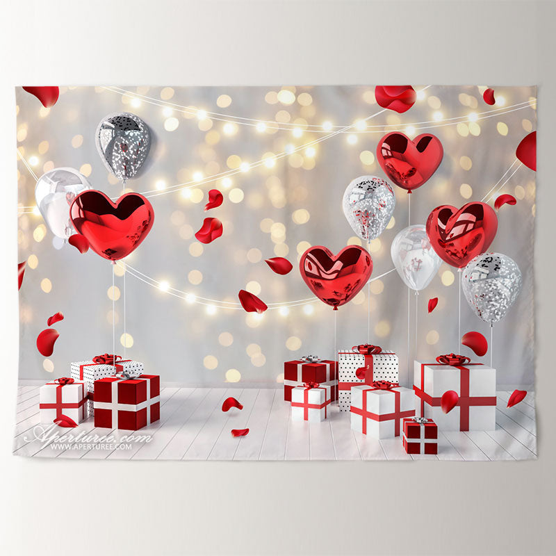 Aperturee - Silver Red Balloons Glitter Valentines Day Backdrop