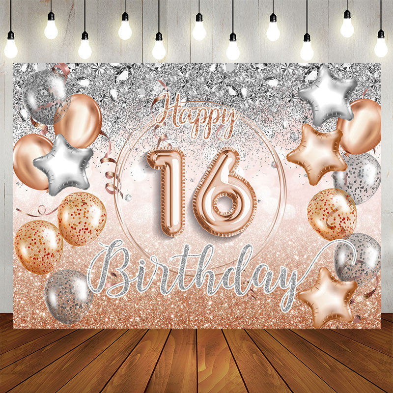 Aperturee - Silver Rose Gold Balloon Happy 16Th Birthday Backdrop