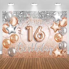 Aperturee - Silver Rose Gold Balloon Happy 16Th Birthday Backdrop