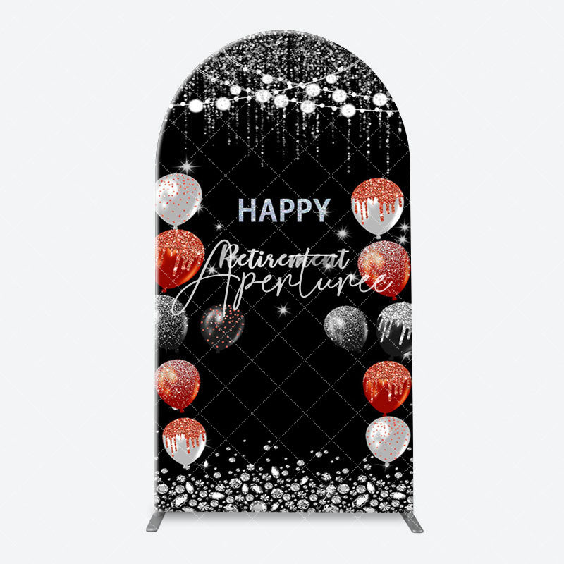 Aperturee - Silver Sparkle Balloon Black Arch Retirement Backdrop