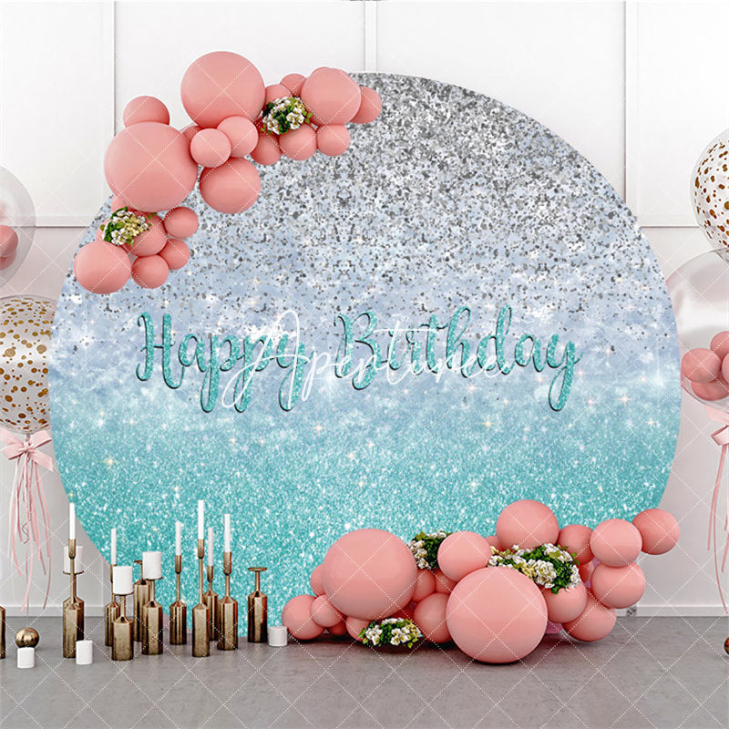 Aperturee Silver With Cyan Round Glitter Happy Birthday Backdrop