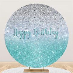 Aperturee Silver With Cyan Round Glitter Happy Birthday Backdrop