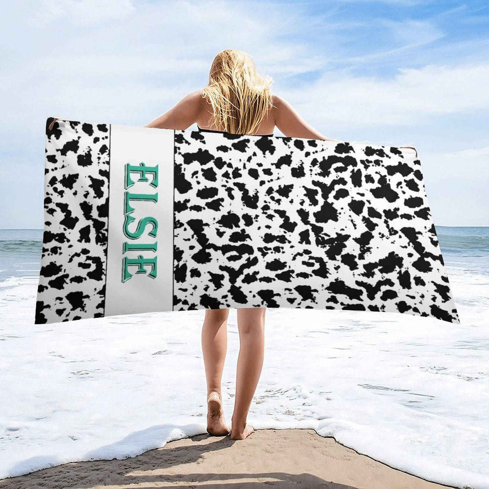 Aperturee - Simple Black White Pattern Personalized Name Beach Towel