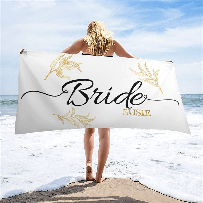 Aperturee - Simple Custom Name Gold Leave Bride Beach Towel