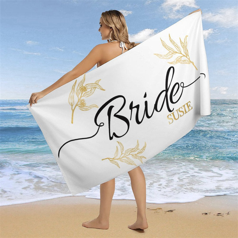 Aperturee - Simple Custom Name Gold Leave Bride Beach Towel