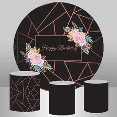 Aperturee Simple Pink Floral Happy Birthday Black Round Backdrop