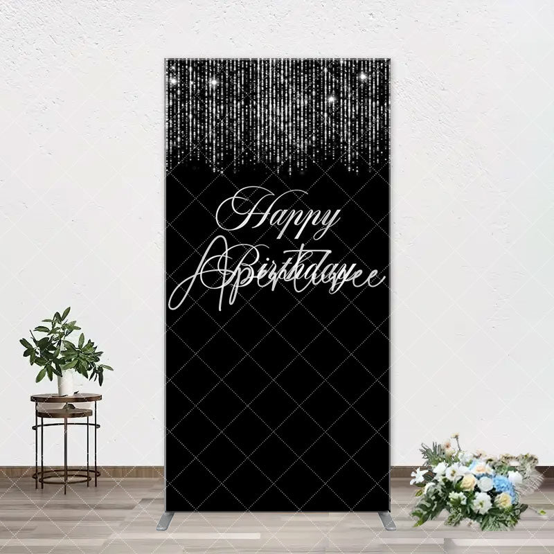 Aperturee - Simple Silver Sparkling Black Arch Birthday Backdrop