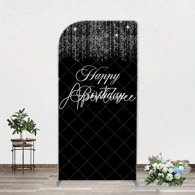 Aperturee - Simple Silver Sparkling Black Arch Birthday Backdrop