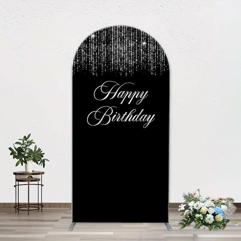 Aperturee - Simple Silver Sparkling Black Arch Birthday Backdrop