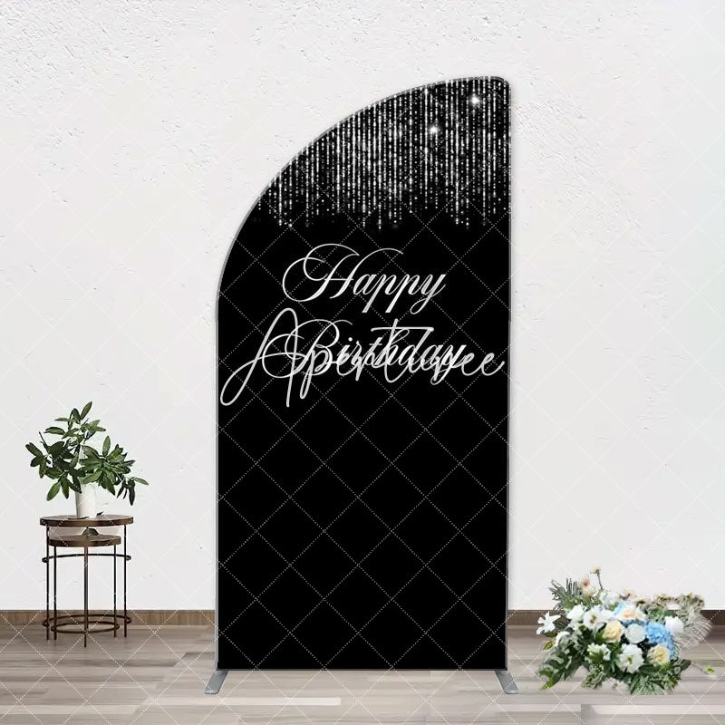 Aperturee - Simple Silver Sparkling Black Arch Birthday Backdrop