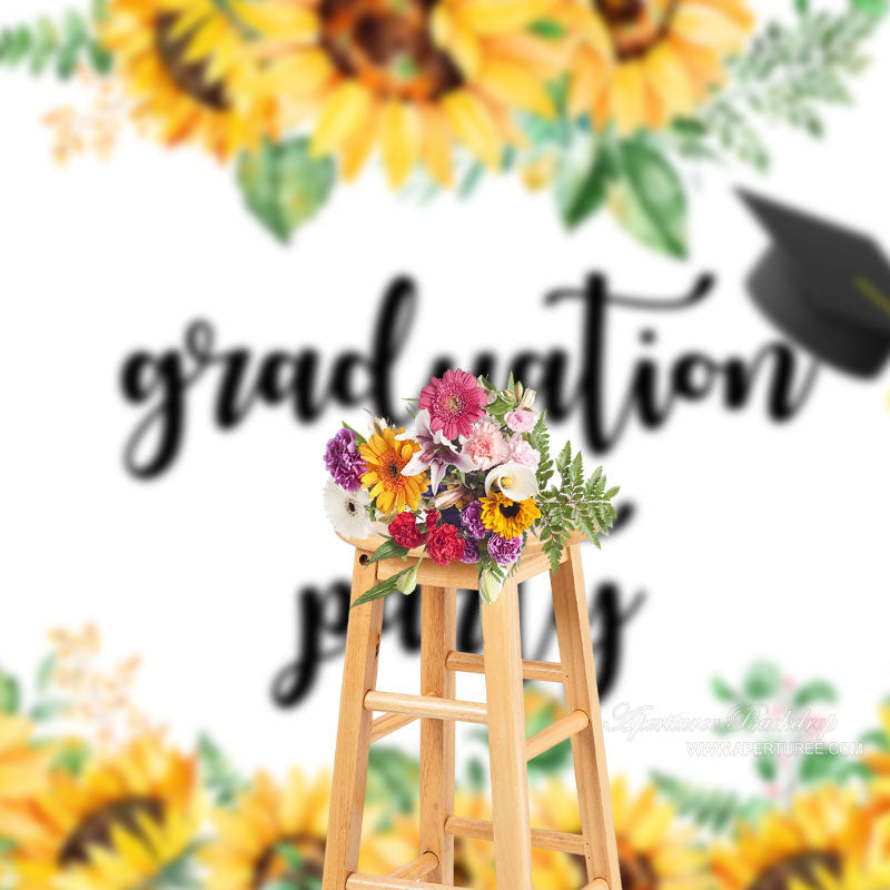 Aperturee - Simple Sunflowers White Grad Party Backdrop For Photo