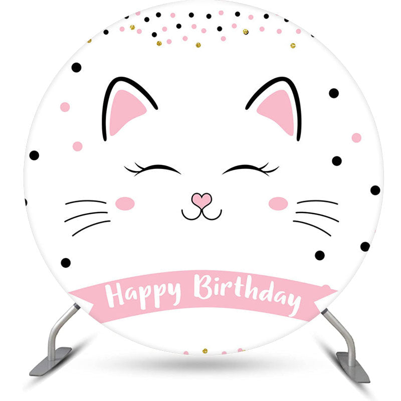 Aperturee - Simple Sweet White Cat Dots Round Birthday Backdrop