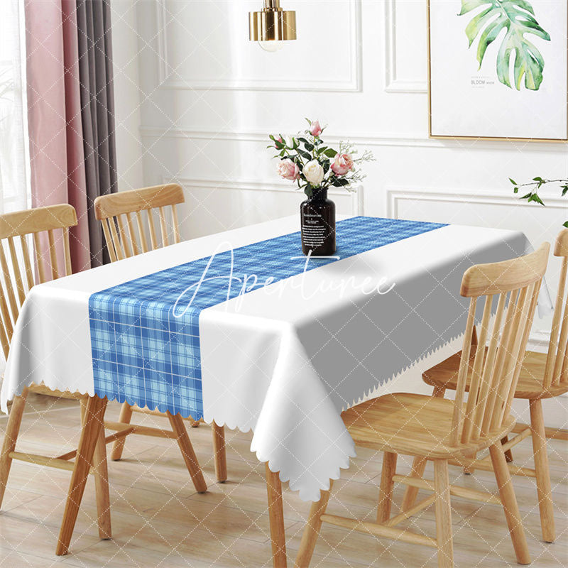 Aperturee - Simple White Blue Checkered Rectangle Tablecloth