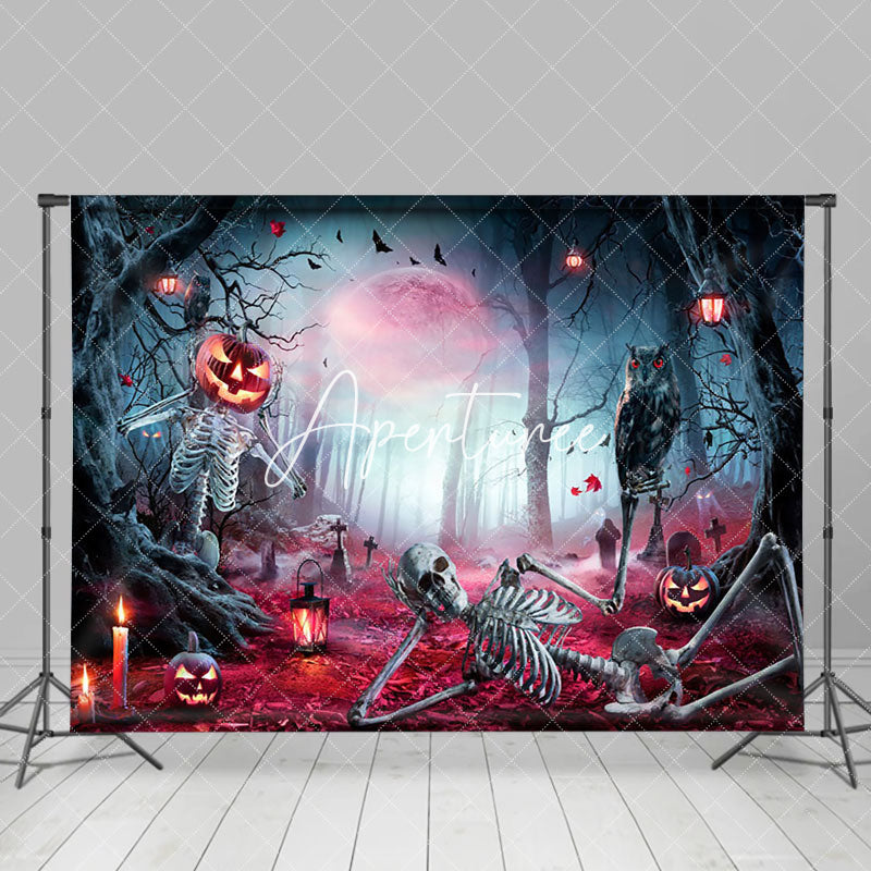 Aperturee - Skeleton Eagle Pumpkin Forest Halloween Night Backdrop