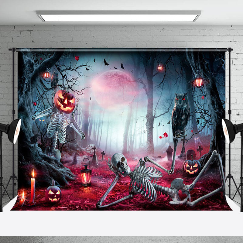 Aperturee - Skeleton Eagle Pumpkin Forest Halloween Night Backdrop