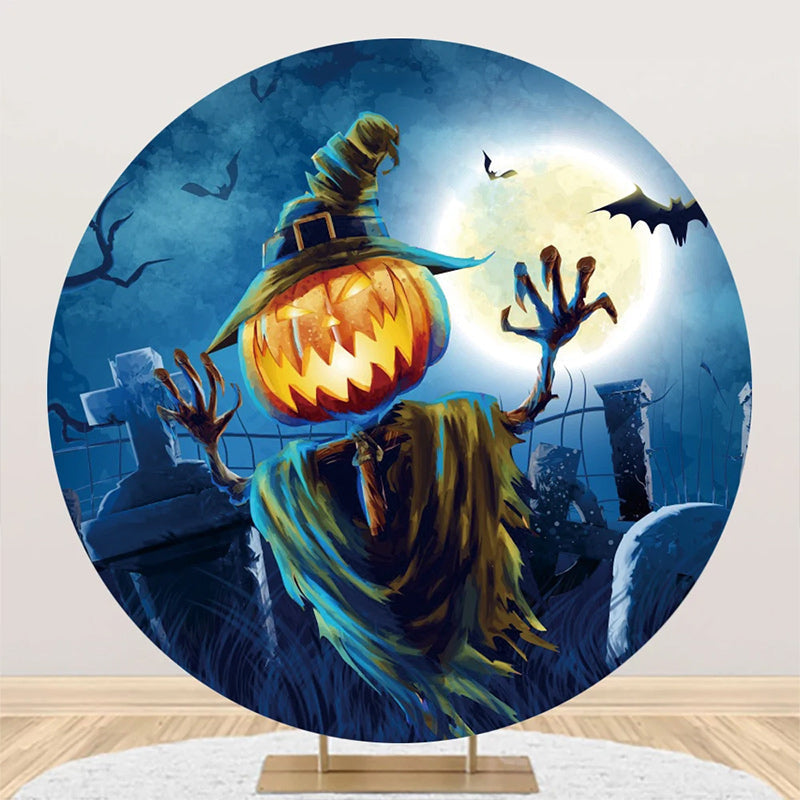 Aperturee - Skeleton Pumpkin Moon Night Round Halloween Backdrop