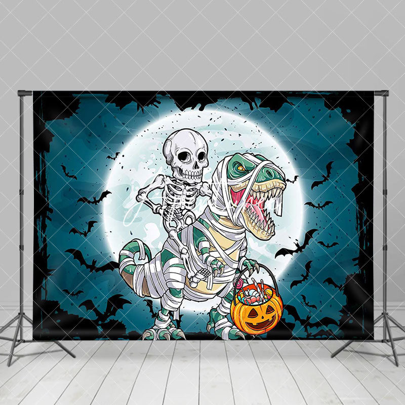 Aperturee - Skeleton Riding A Dinosaur Moon Halloween Backdrop