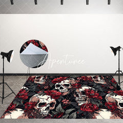 Aperturee - Skulls Red Floral Halloween Fabric Floor Backdrop