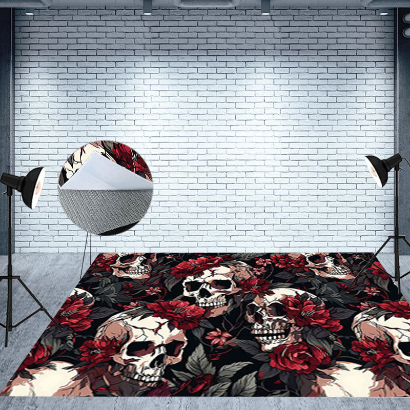 Aperturee - Skulls Red Floral Halloween Fabric Floor Backdrop