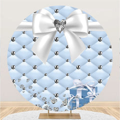 Aperturee Sky Blue And White Diamond Lovely Bow Round Backdrop