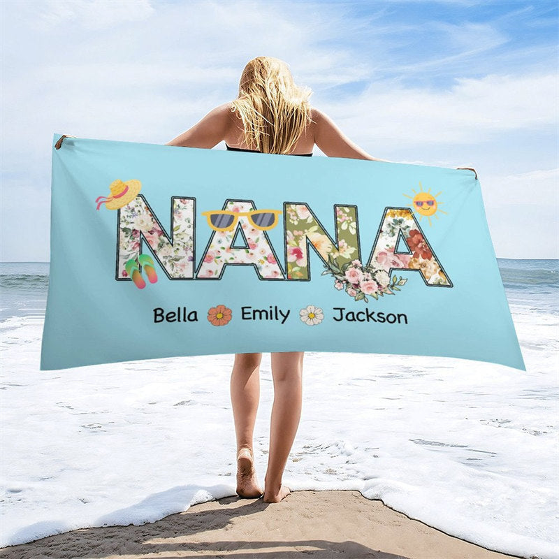 Aperturee - Sky Blue Nana Custom Beach Towel with Kids Name