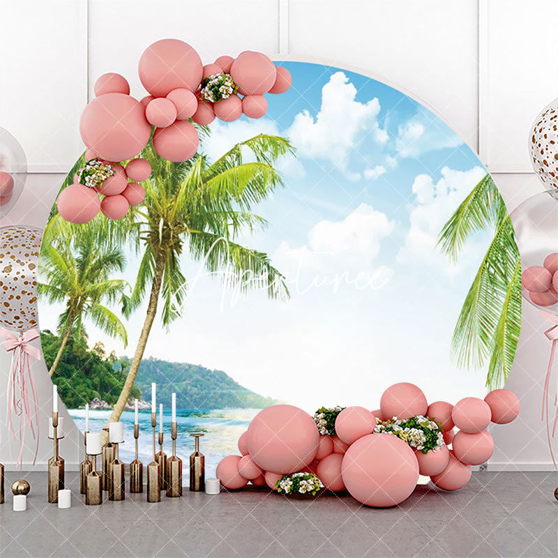 Aperturee - Sky Cloud Trees Hawaii Beach Round Birthday Backdrop