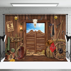 Aperturee - Sky Western Cowboy Wooden Door Retro Wall Backdrop