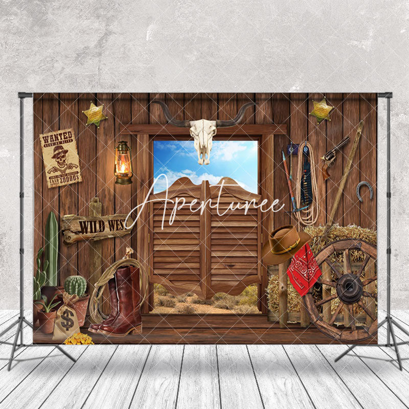 Aperturee - Sky Western Cowboy Wooden Door Retro Wall Backdrop