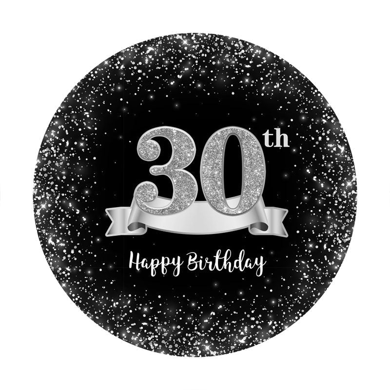 Aperturee - Sliver And Black Round 30th Happy Birthday Backdrop