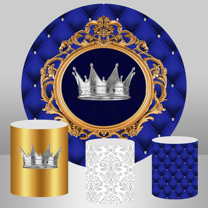 Aperturee Silver Crown And Royal Blue Round Birthday Backdrop