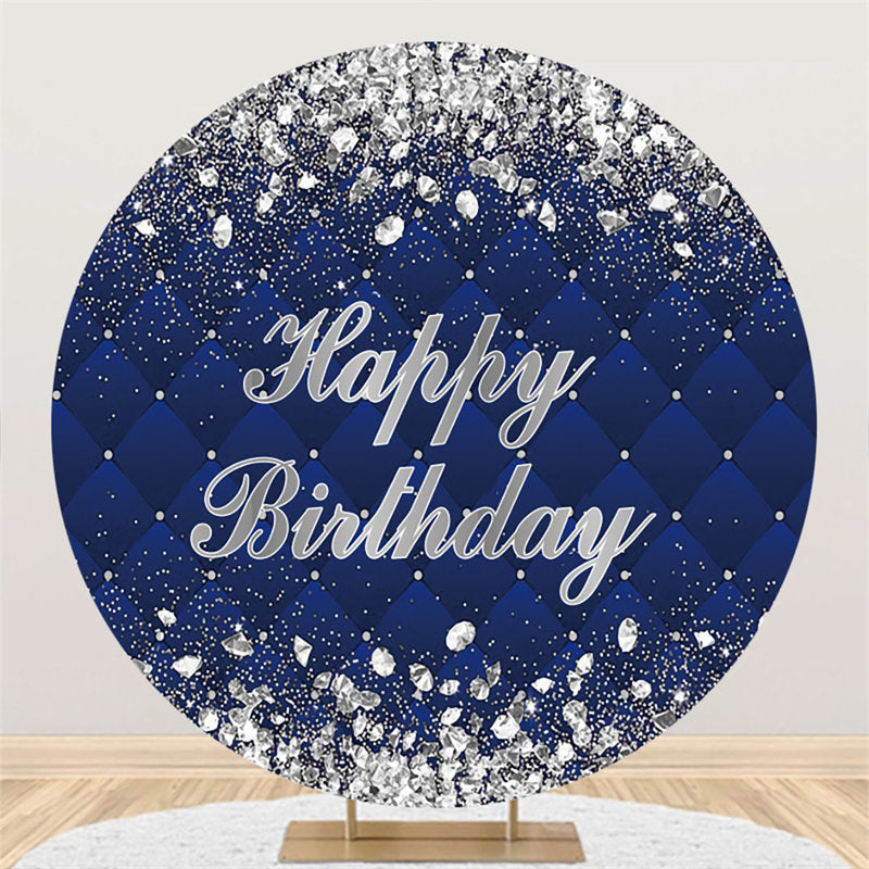 Aperturee Silver Diamonds Round Navy Blue Happy Birthday Backdrop