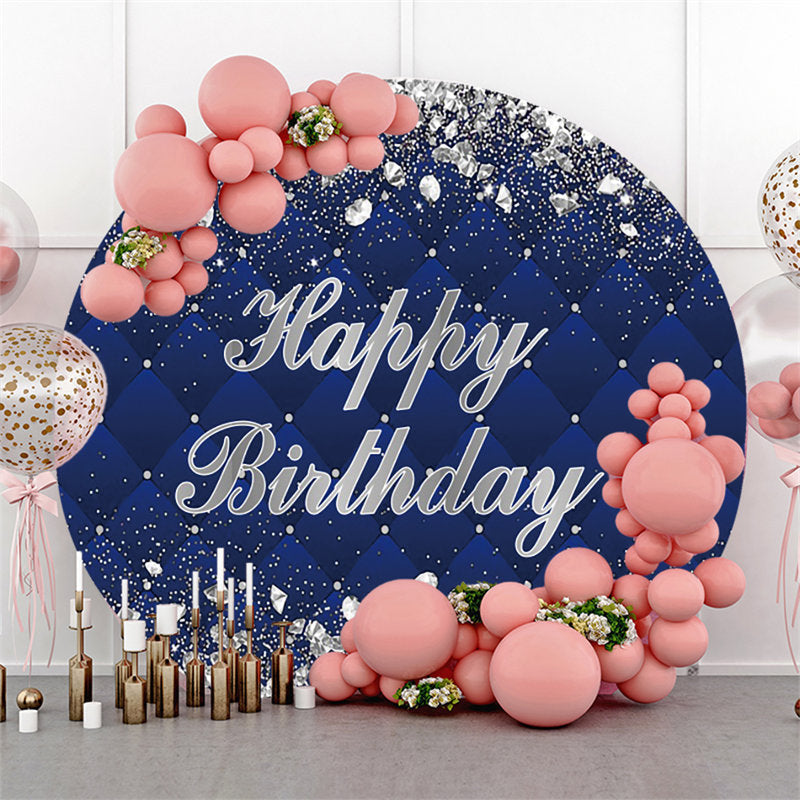 Aperturee Silver Diamonds Round Navy Blue Happy Birthday Backdrop