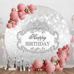 Aperturee - Sliver Glitter Crown Pearl Round Birthday Backdrop