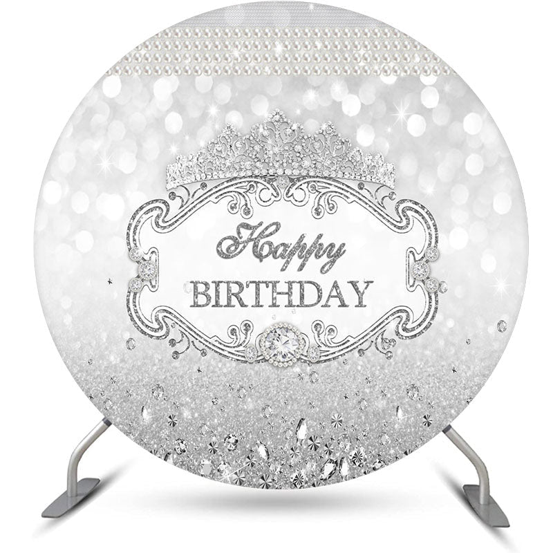 Aperturee - Sliver Glitter Crown Pearl Round Birthday Backdrop