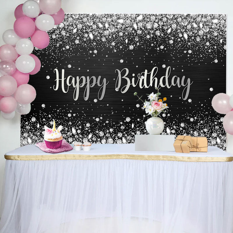 Aperturee - Sliver Glitter Diamonds Black Birthday Backdrop