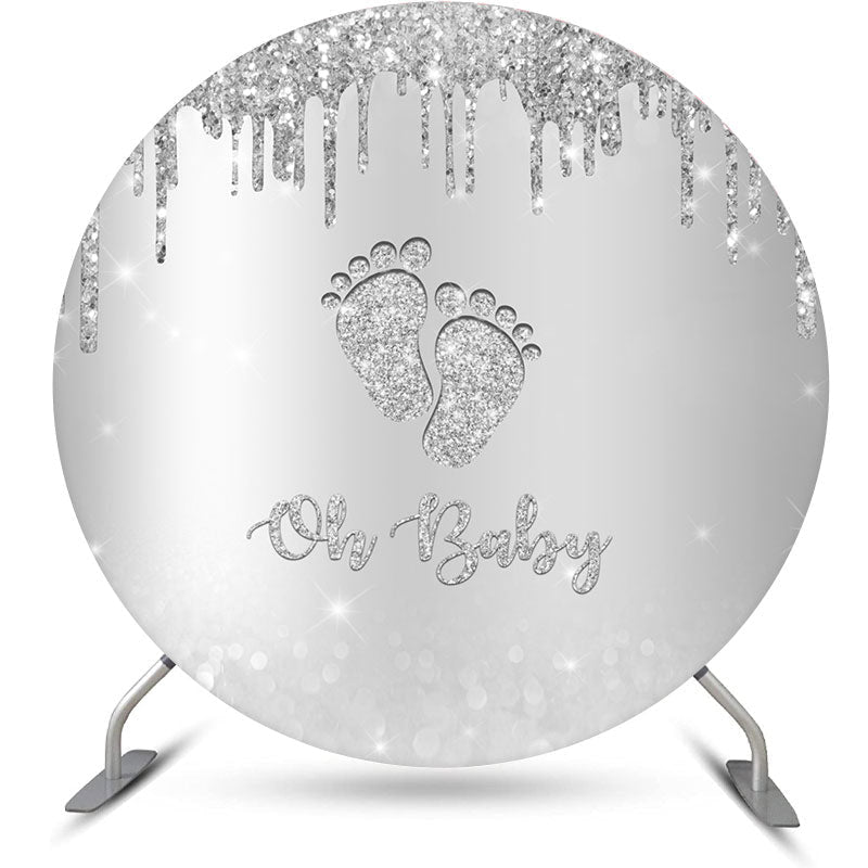 Aperturee - Sliver Glitter Footprint Round Baby Shower Backdrop