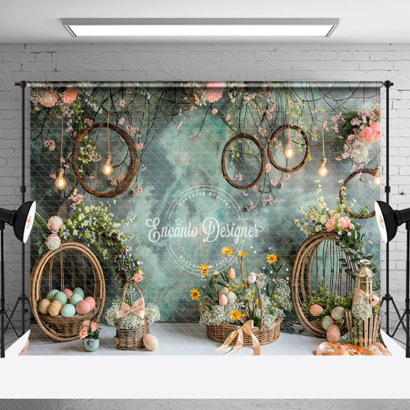 Aperturee - Smudged Green Wall Woven Basket Easter Backdrop