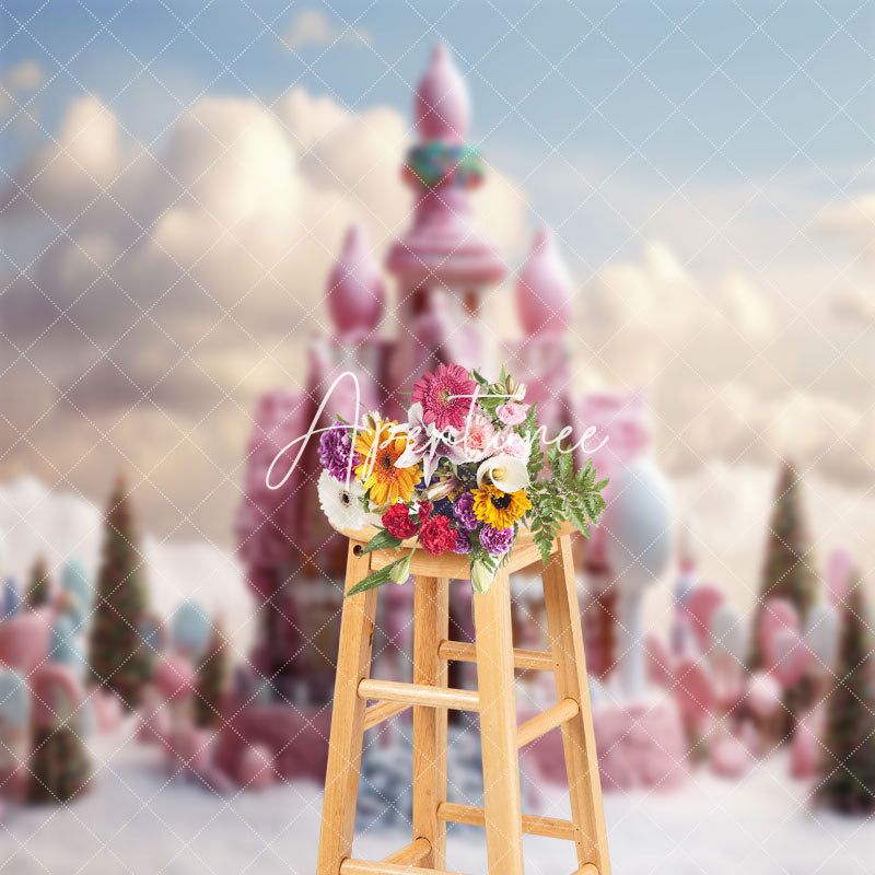 Aperturee - Snow Pink Candyland Castle Cloud Cake Smash Backdrop