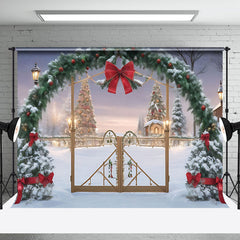 Aperturee - Snow Scene Arch Pine Leaf Red Bow Christmas Backdrop